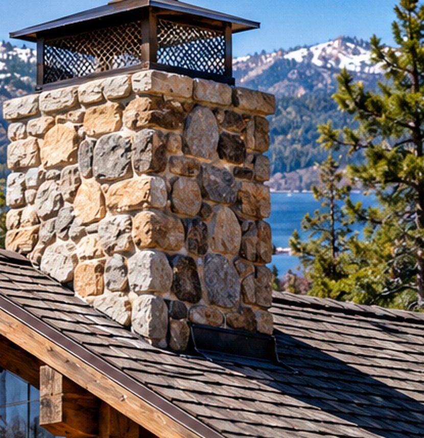 Mountain home with a stone chimney and chimney cap